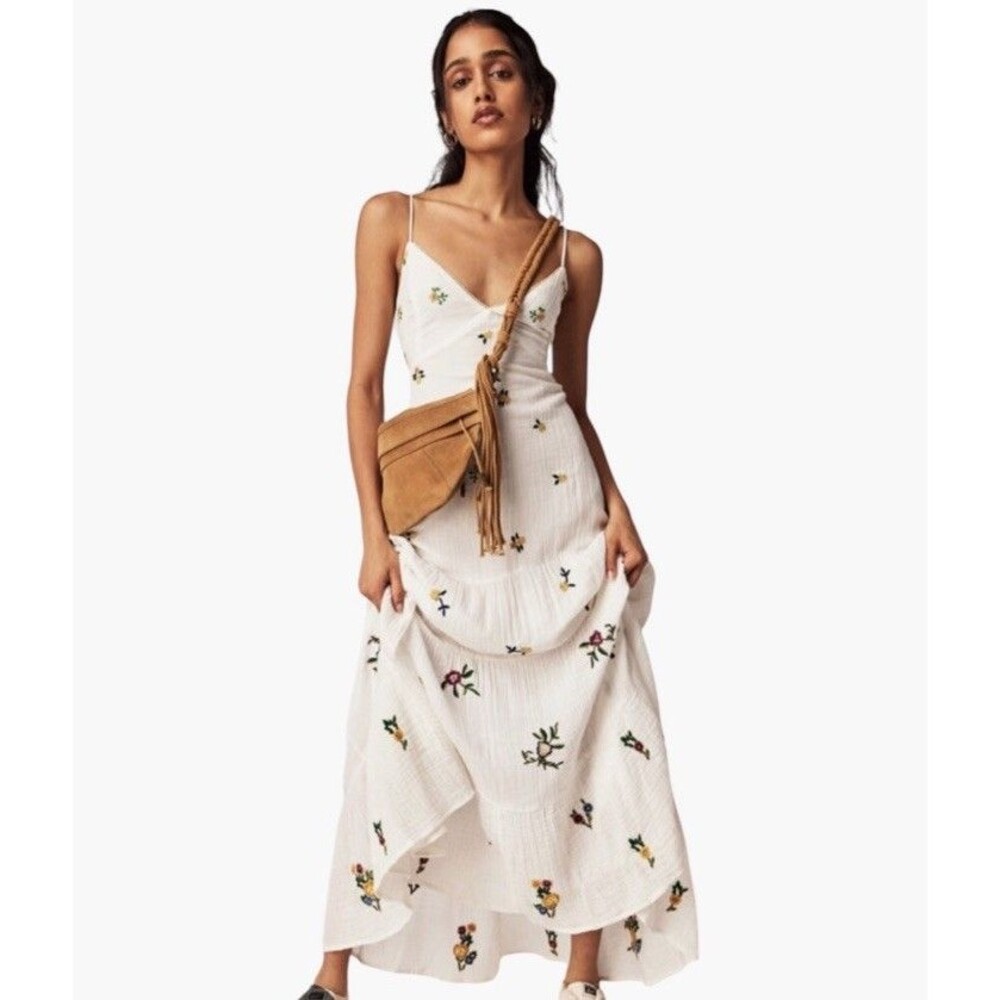 Free People Hibiscus Tiered Maxi Dress XS Babydoll Embroidered Floral Fairy